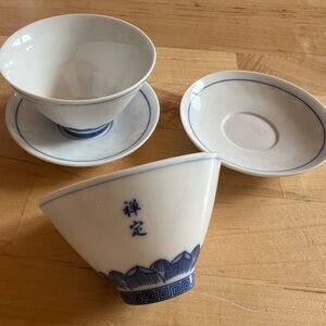 ✅SET OF TWO Porcelain delicate tea cup and saucer blue painting sake small china
